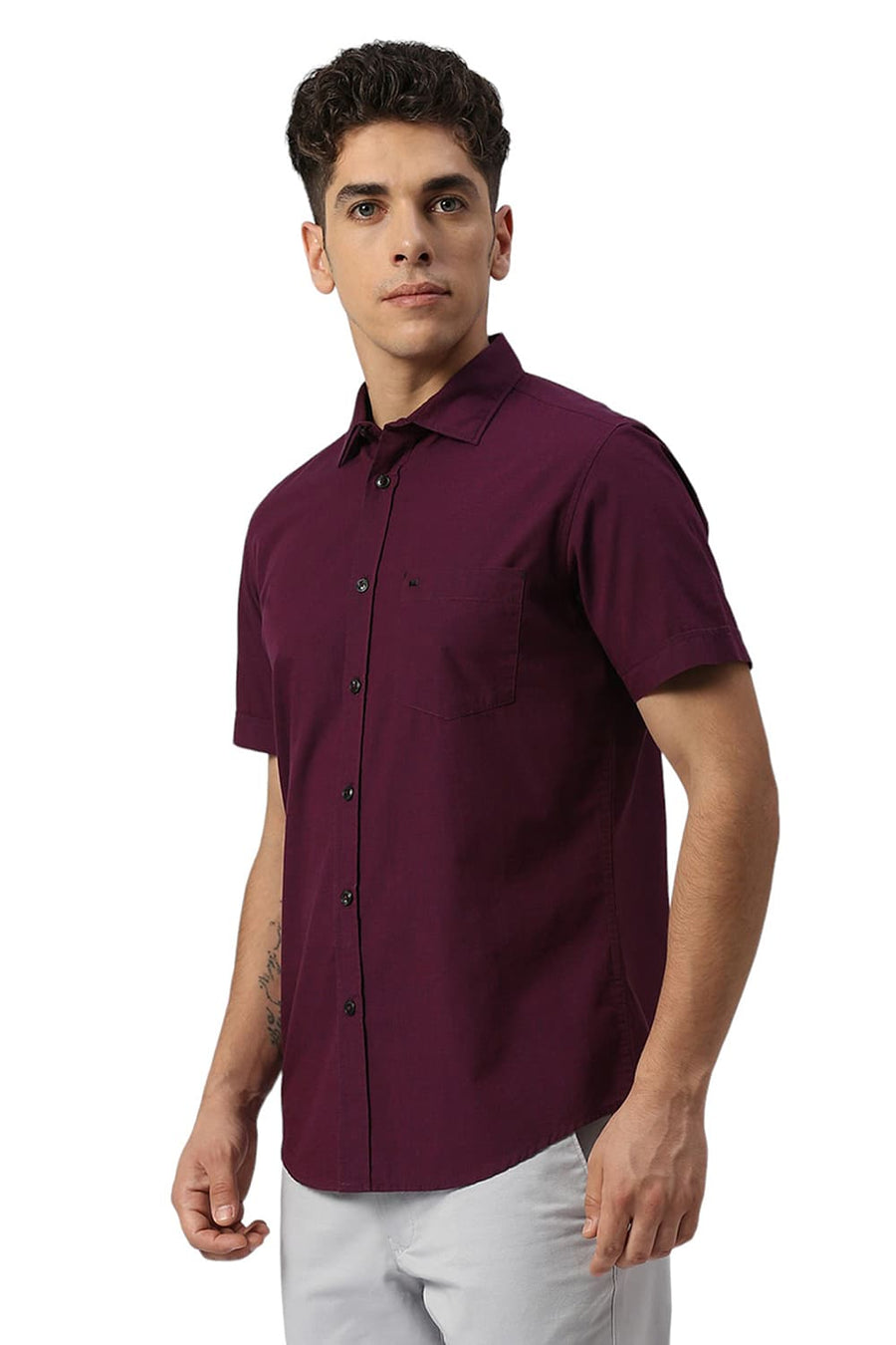 BASICS SLIM FIT MYSTICAL PURPLE COTTON FIL A FIL HALFSLEEVES SHIRT