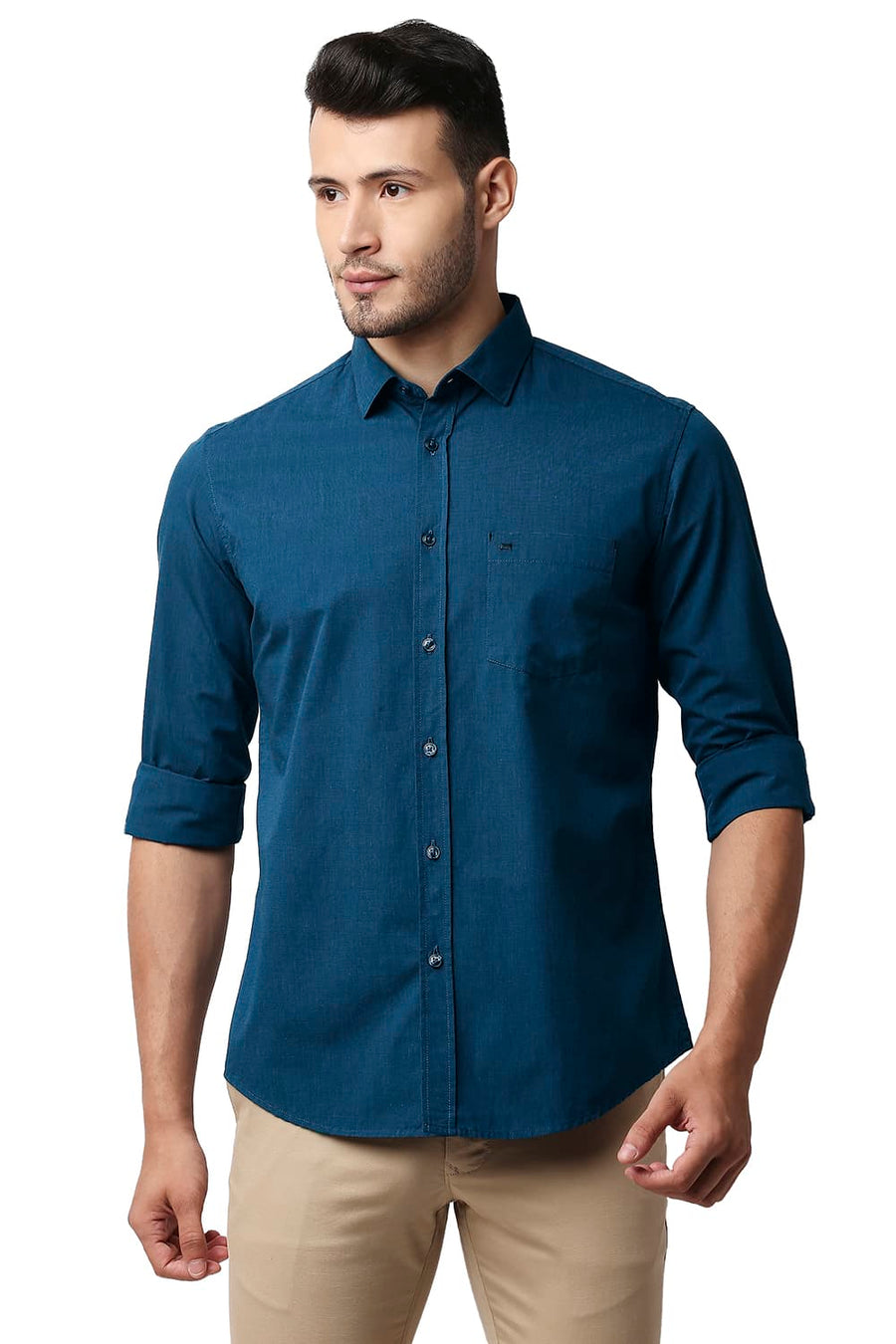 BASICS SLIM FIT COLONIAL TURQUOISE COTTON FIL A FIL SHIRT