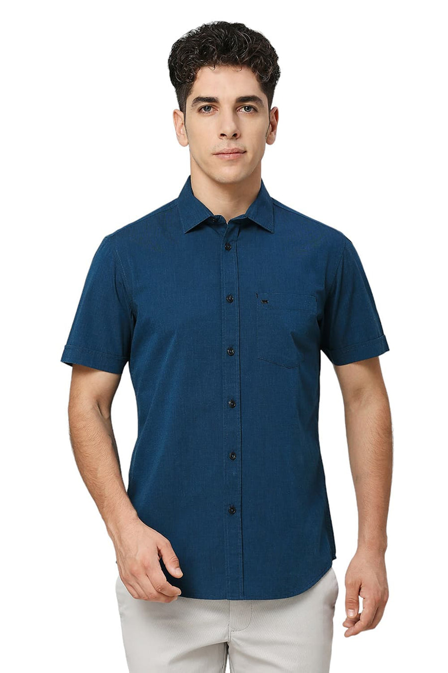 BASICS SLIM FIT COLONIAL TURQUOISE COTTON FIL A FIL HALFSLEEVES SHIRT
