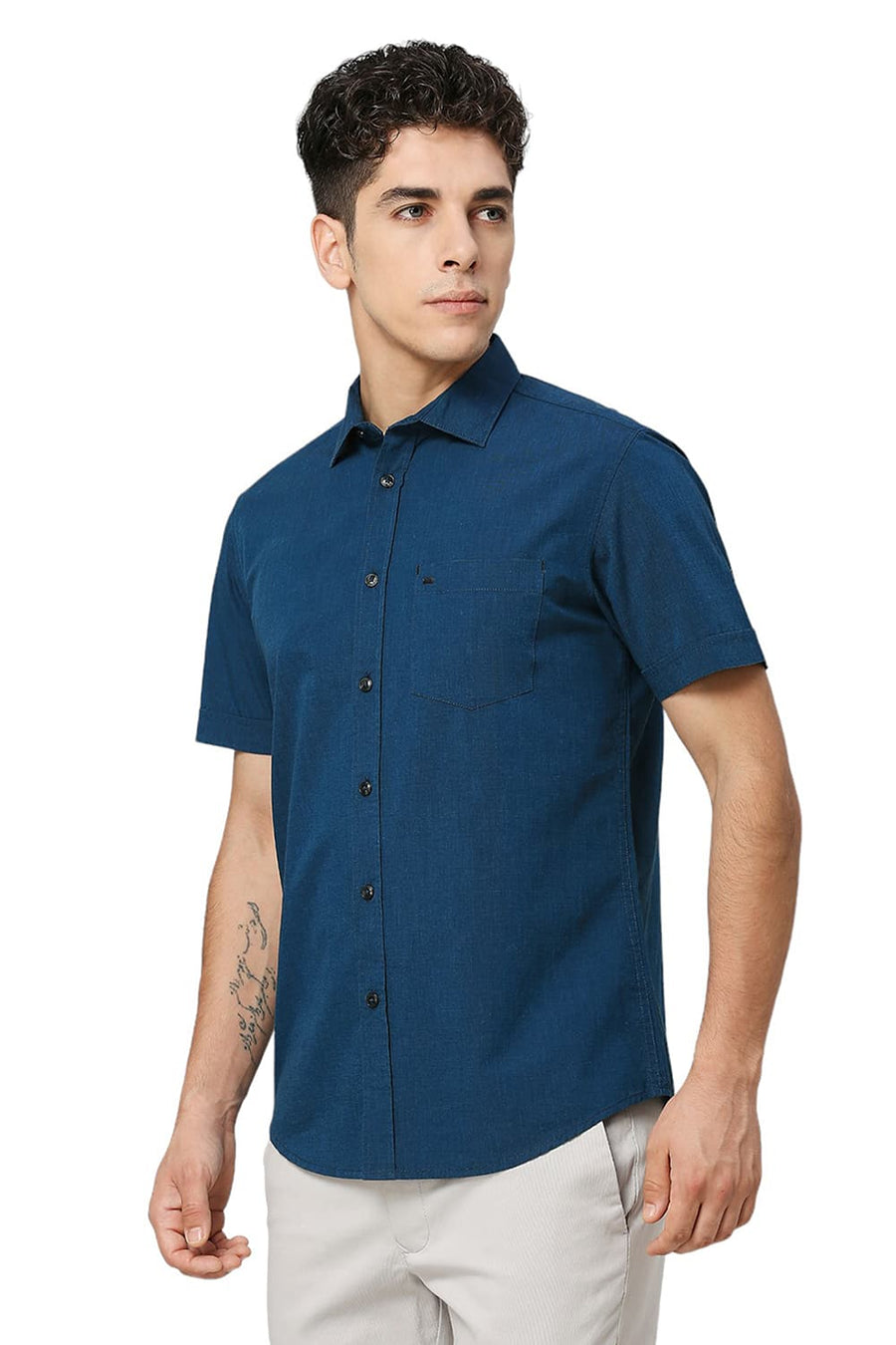 BASICS SLIM FIT COLONIAL TURQUOISE COTTON FIL A FIL HALFSLEEVES SHIRT