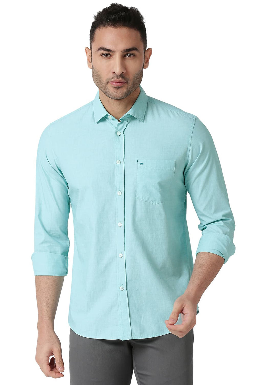 BASICS SLIM FIT OCEAN GREEN COTTON FIL A FIL SHIRT