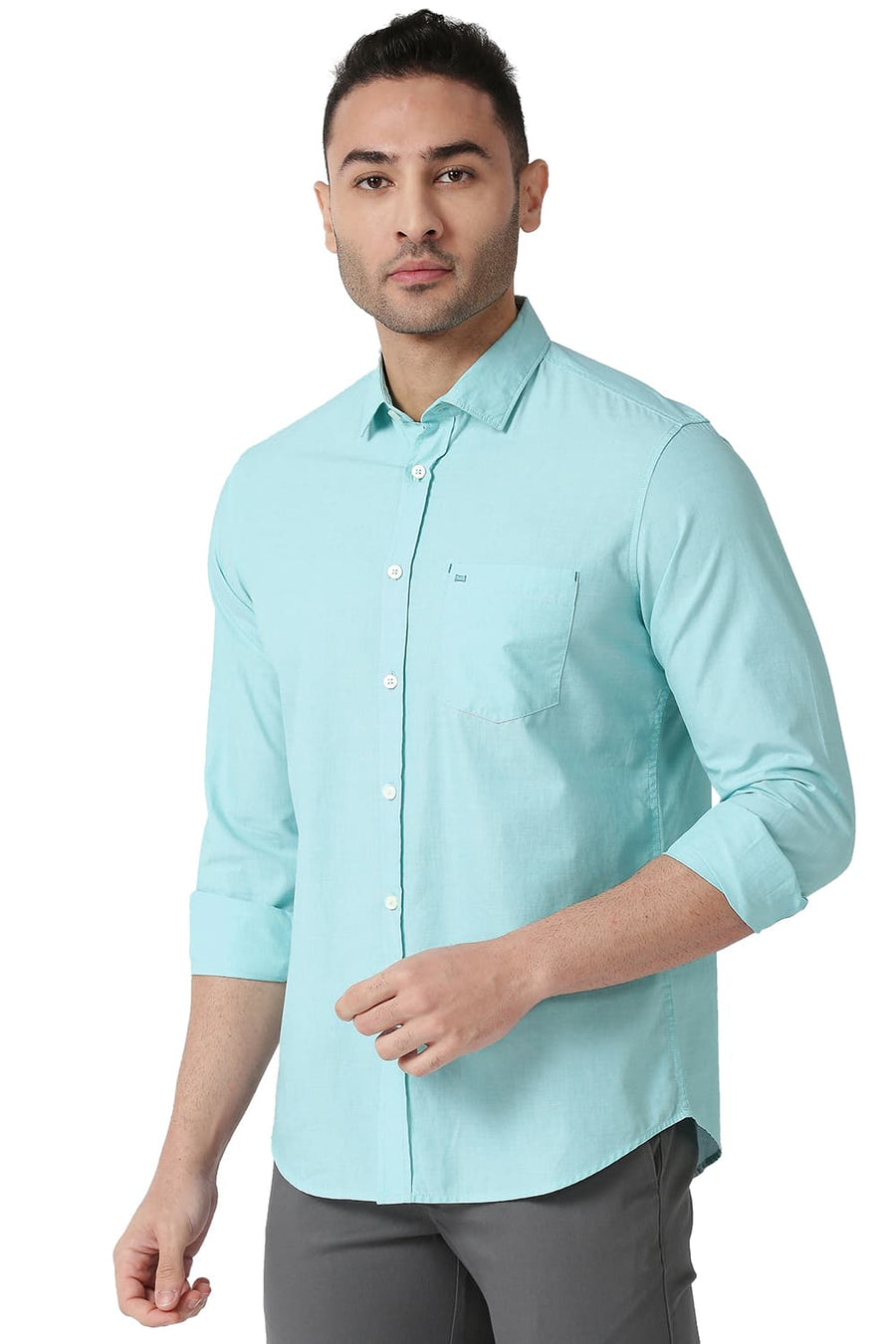 BASICS SLIM FIT OCEAN GREEN COTTON FIL A FIL SHIRT