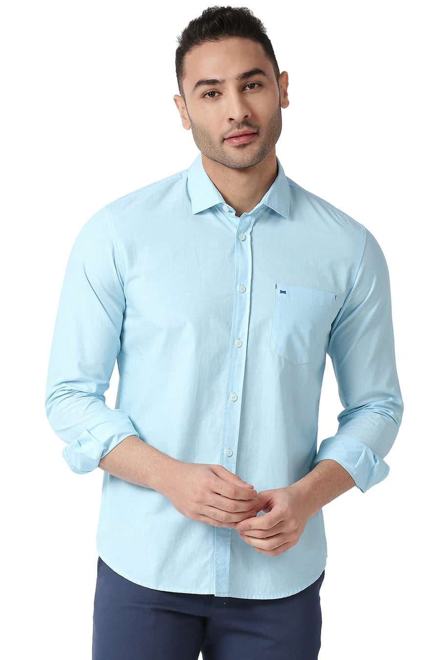 BASICS SLIM FIT ICED AQUA COTTON FIL A FIL SHIRT