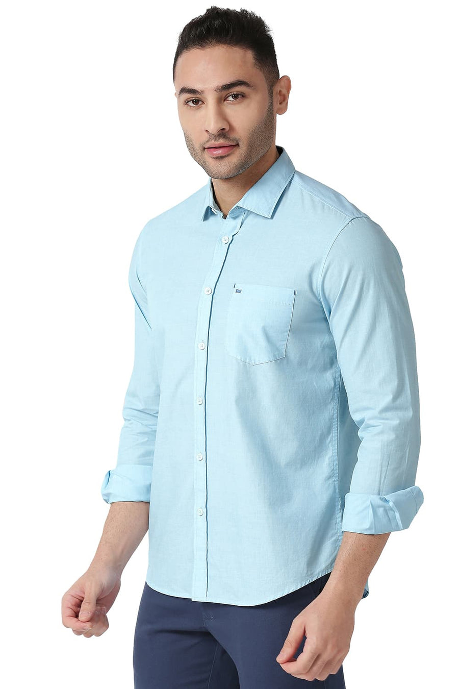 BASICS SLIM FIT ICED AQUA COTTON FIL A FIL SHIRT