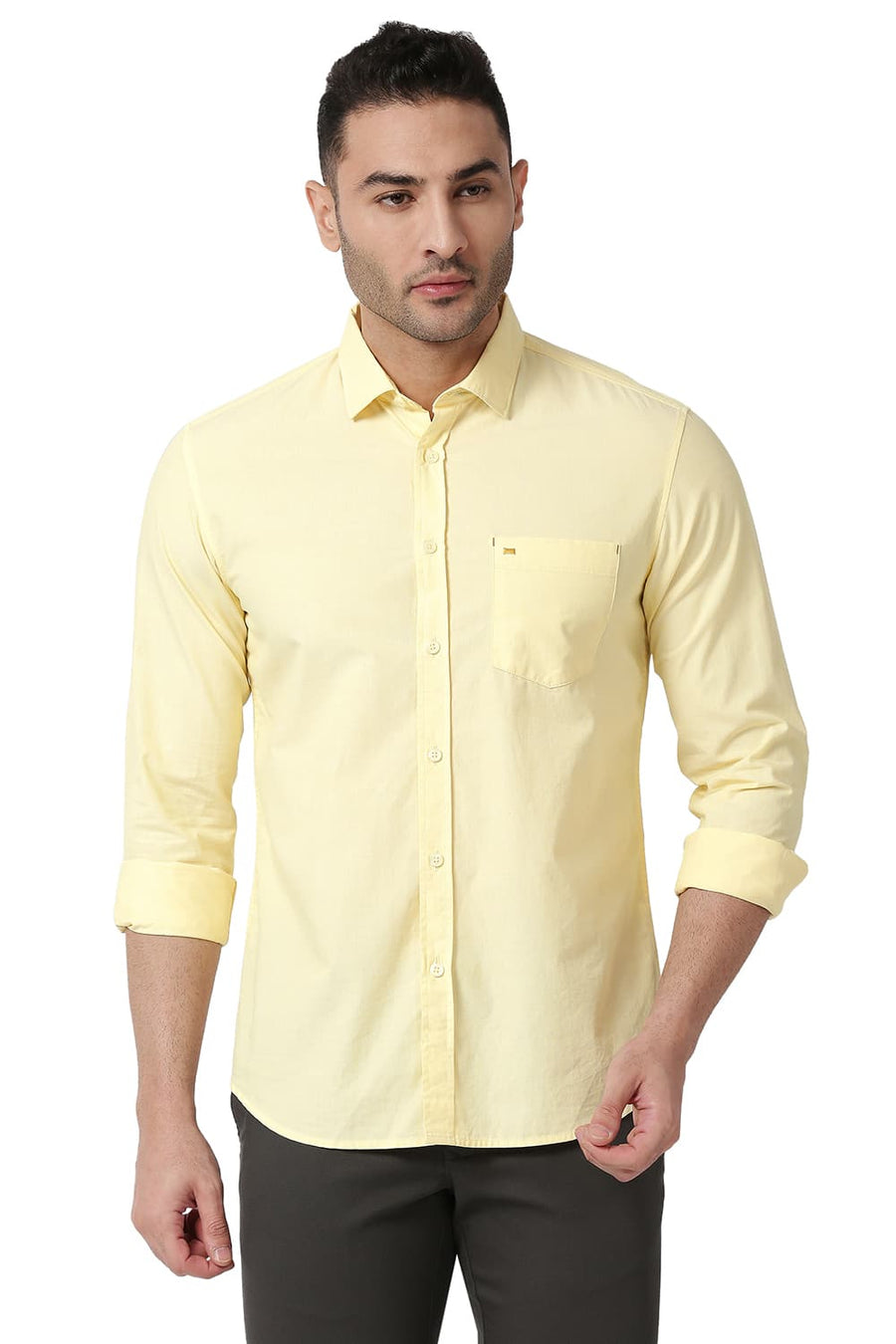 BASICS SLIM FIT FLAN YELLOW COTTON FIL A FIL SHIRT
