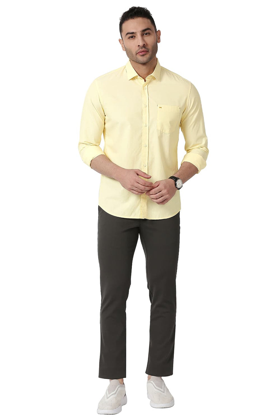 BASICS SLIM FIT FLAN YELLOW COTTON FIL A FIL SHIRT