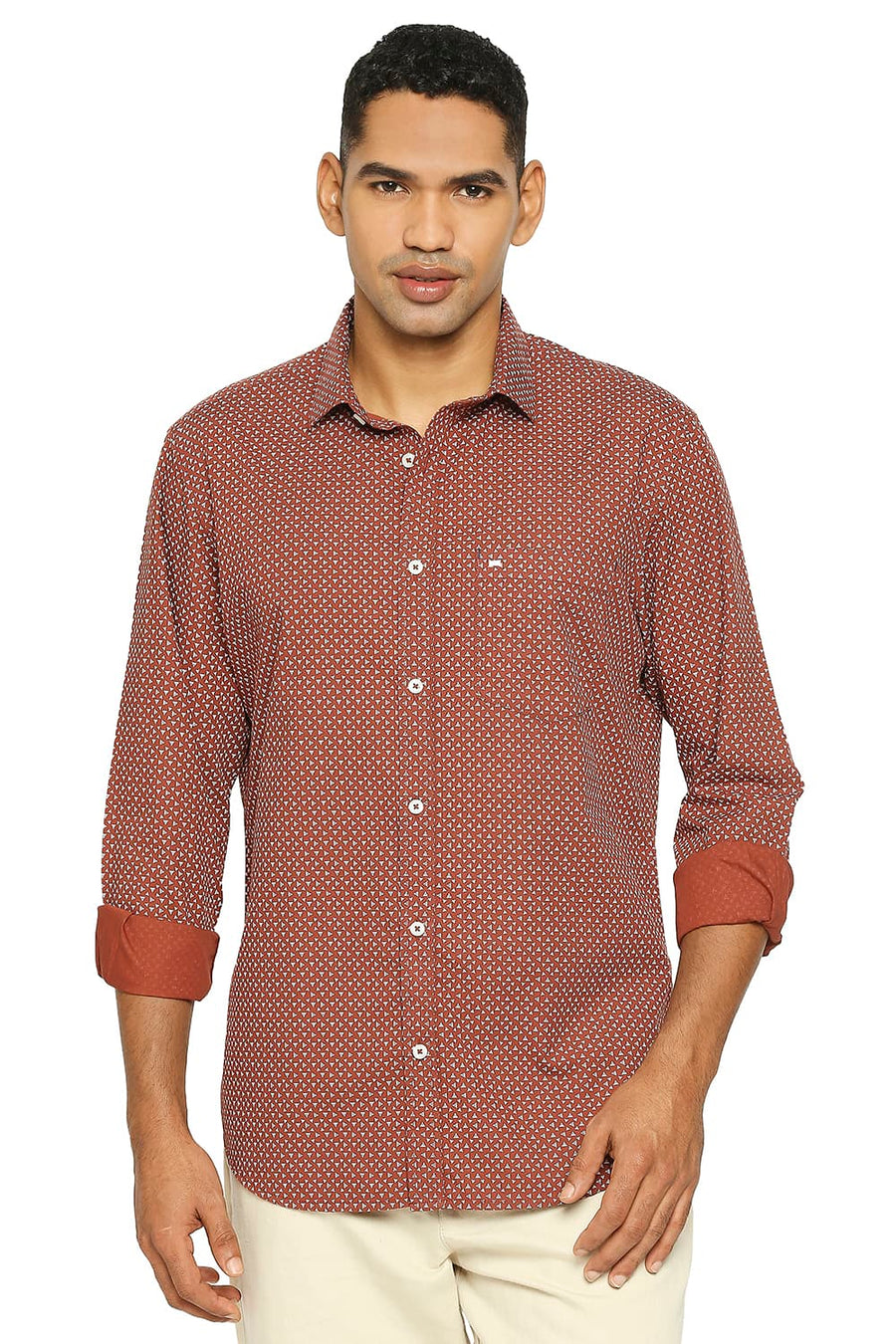 BASICS SLIM FIT BAKED BRICK COTTON POPLIN PRINTED SHIRT