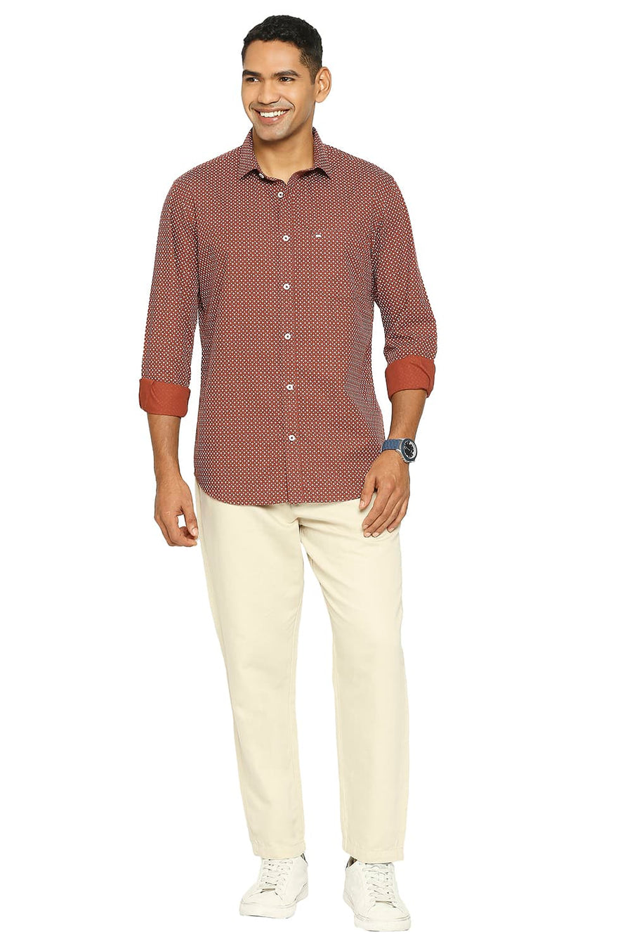 BASICS SLIM FIT BAKED BRICK COTTON POPLIN PRINTED SHIRT