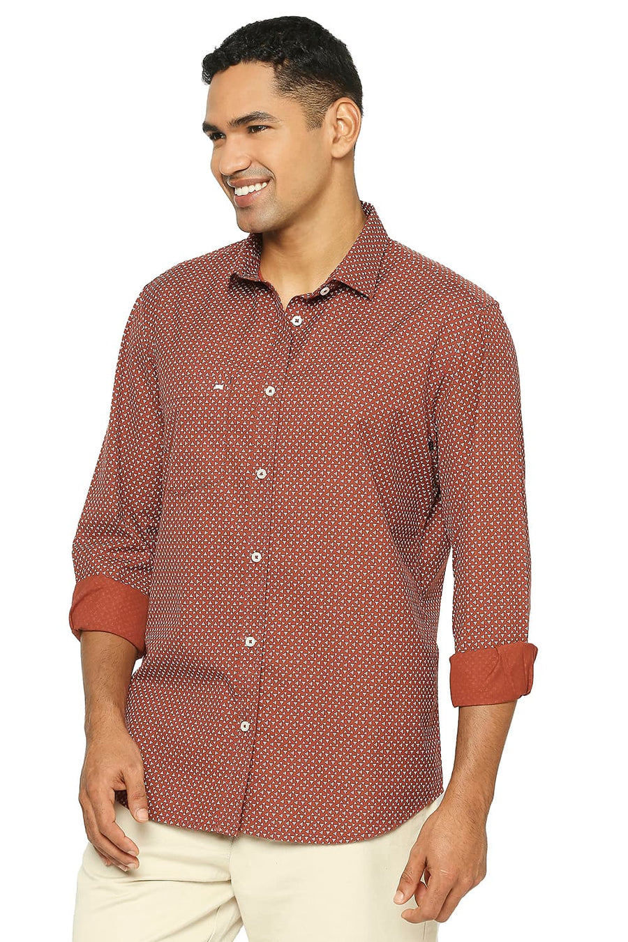 BASICS SLIM FIT BAKED BRICK COTTON POPLIN PRINTED SHIRT