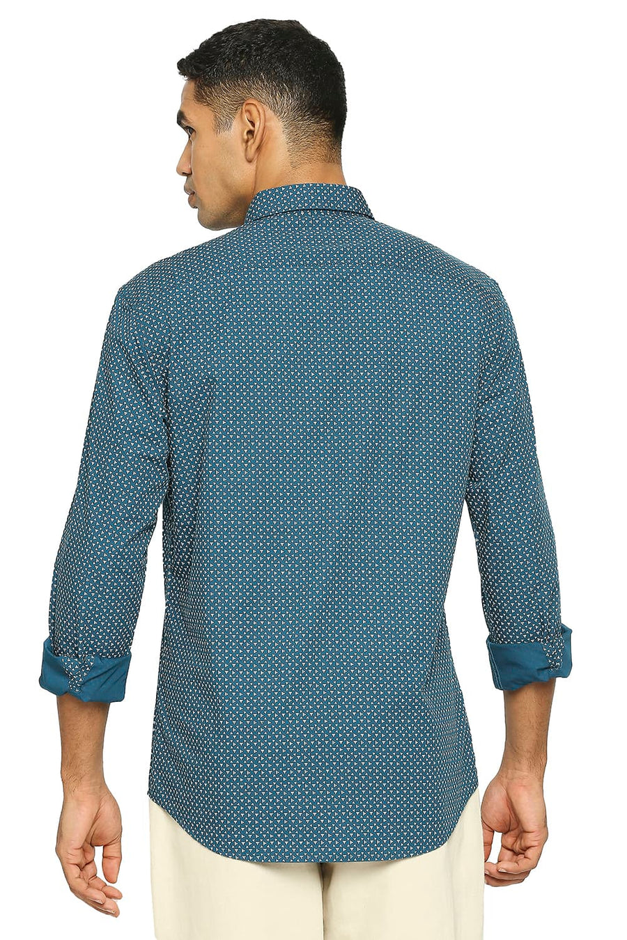BASICS SLIM FIT MOROCCAN BLUE COTTON POPLIN PRINTED SHIRT