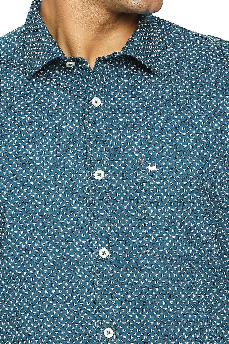 BASICS SLIM FIT MOROCCAN BLUE COTTON POPLIN PRINTED SHIRT