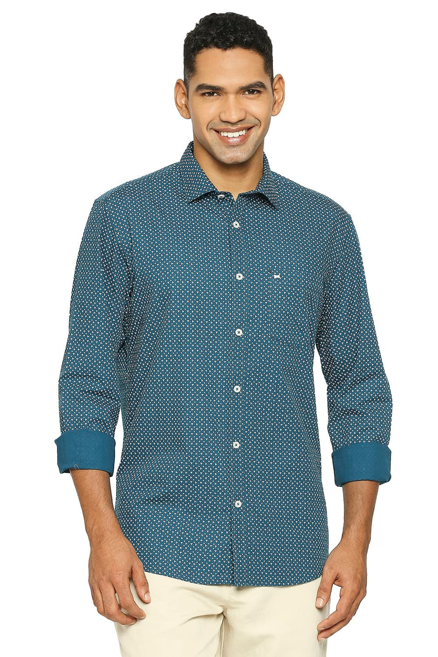 BASICS SLIM FIT MOROCCAN BLUE COTTON POPLIN PRINTED SHIRT