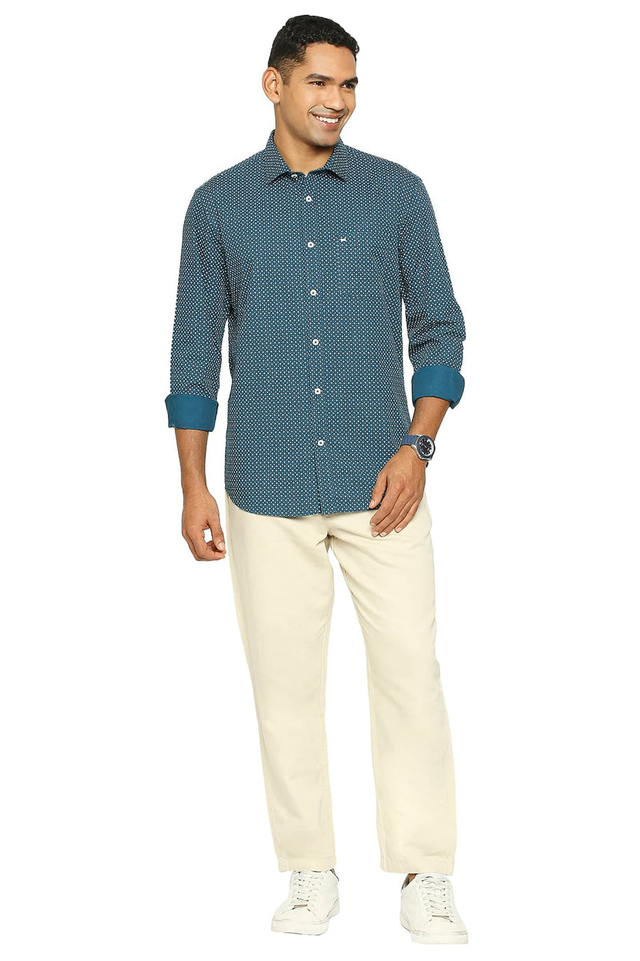 BASICS SLIM FIT MOROCCAN BLUE COTTON POPLIN PRINTED SHIRT