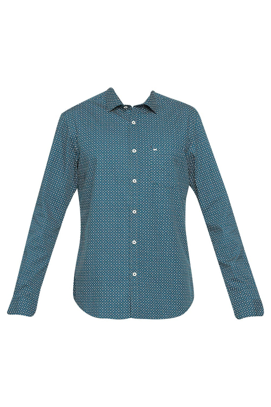 BASICS SLIM FIT MOROCCAN BLUE COTTON POPLIN PRINTED SHIRT