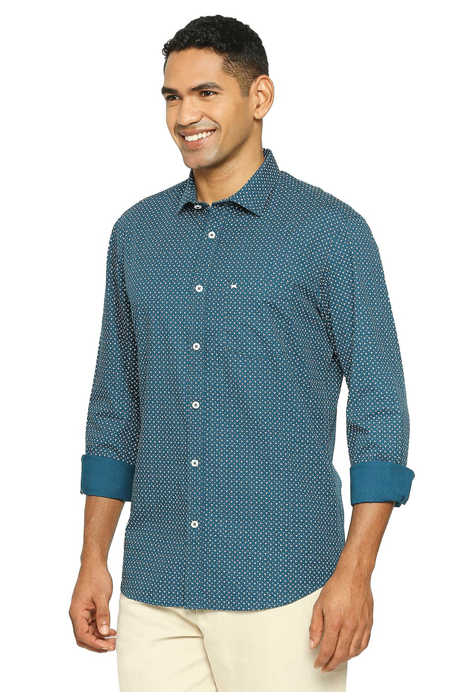 BASICS SLIM FIT MOROCCAN BLUE COTTON POPLIN PRINTED SHIRT