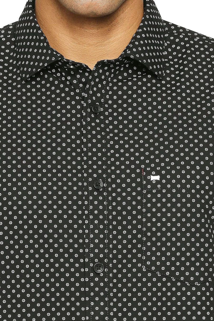 BASICS SLIM FIT ANTHRACITE BLACK COTTON POPLIN PRINTED SHIRT