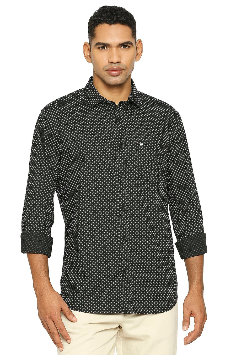 BASICS SLIM FIT ANTHRACITE BLACK COTTON POPLIN PRINTED SHIRT