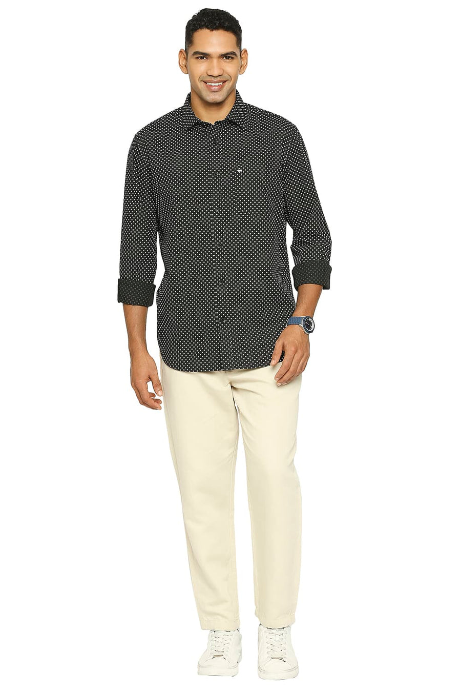 BASICS SLIM FIT ANTHRACITE BLACK COTTON POPLIN PRINTED SHIRT