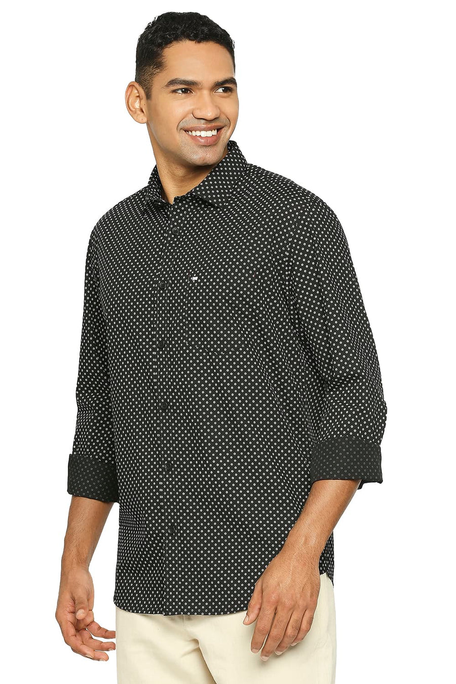 BASICS SLIM FIT ANTHRACITE BLACK COTTON POPLIN PRINTED SHIRT
