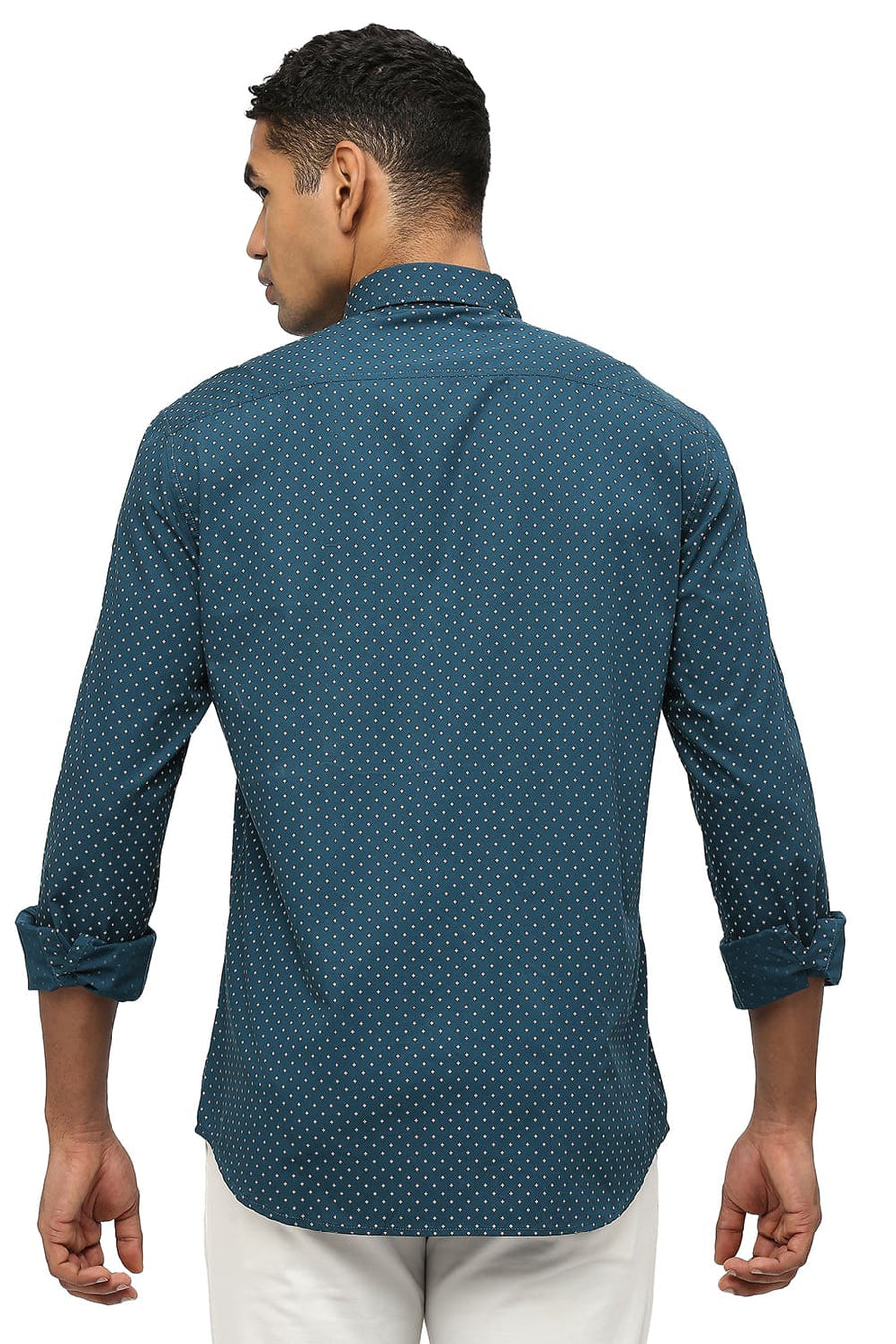 BASICS SLIM FIT ATLANTIC TEAL COTTON POPLIN PRINTED SHIRT