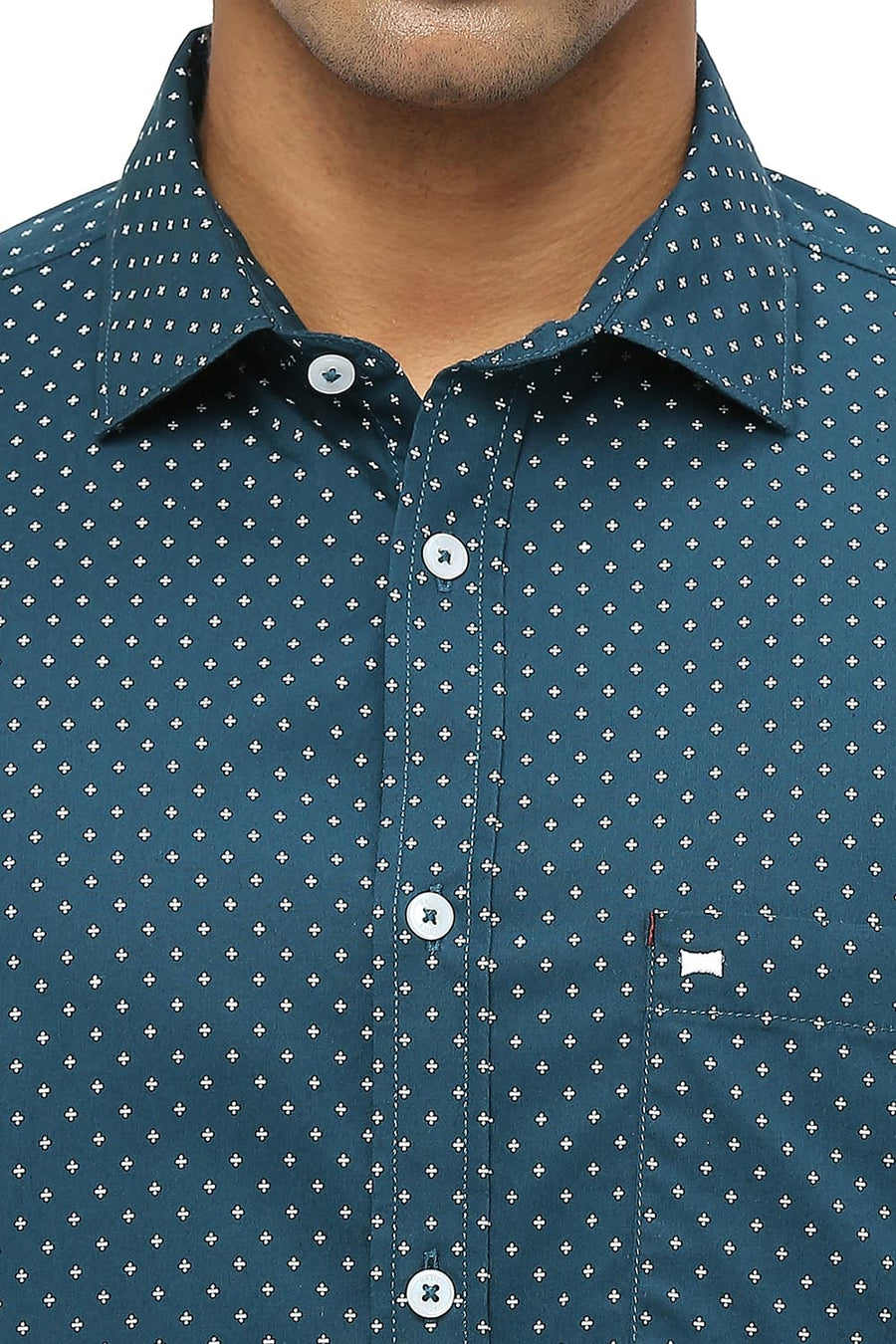 BASICS SLIM FIT ATLANTIC TEAL COTTON POPLIN PRINTED SHIRT