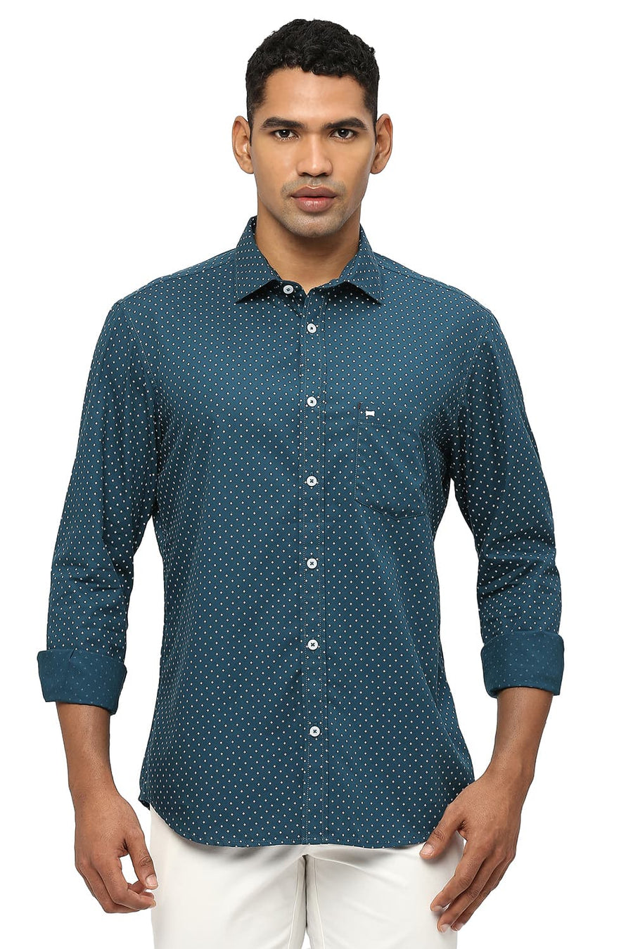 BASICS SLIM FIT ATLANTIC TEAL COTTON POPLIN PRINTED SHIRT