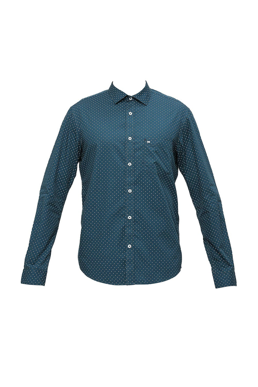 BASICS SLIM FIT ATLANTIC TEAL COTTON POPLIN PRINTED SHIRT