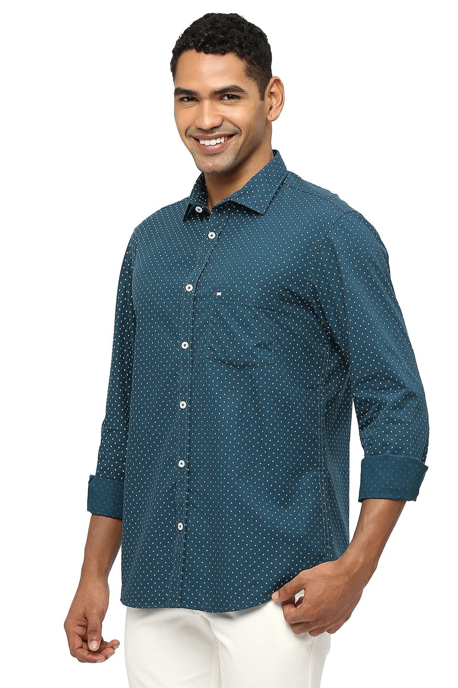 BASICS SLIM FIT ATLANTIC TEAL COTTON POPLIN PRINTED SHIRT