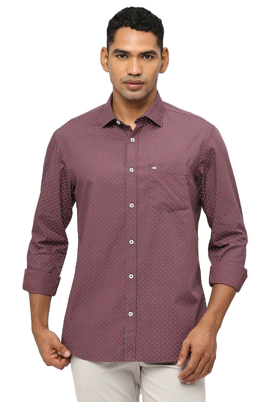 BASICS SLIM FIT GRAPE WINE COTTON POPLIN PRINTED SHIRT