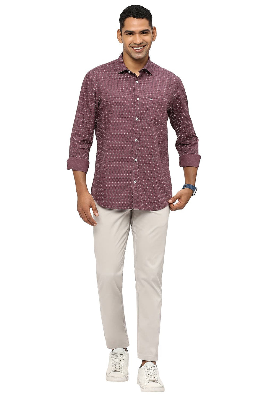 BASICS SLIM FIT GRAPE WINE COTTON POPLIN PRINTED SHIRT
