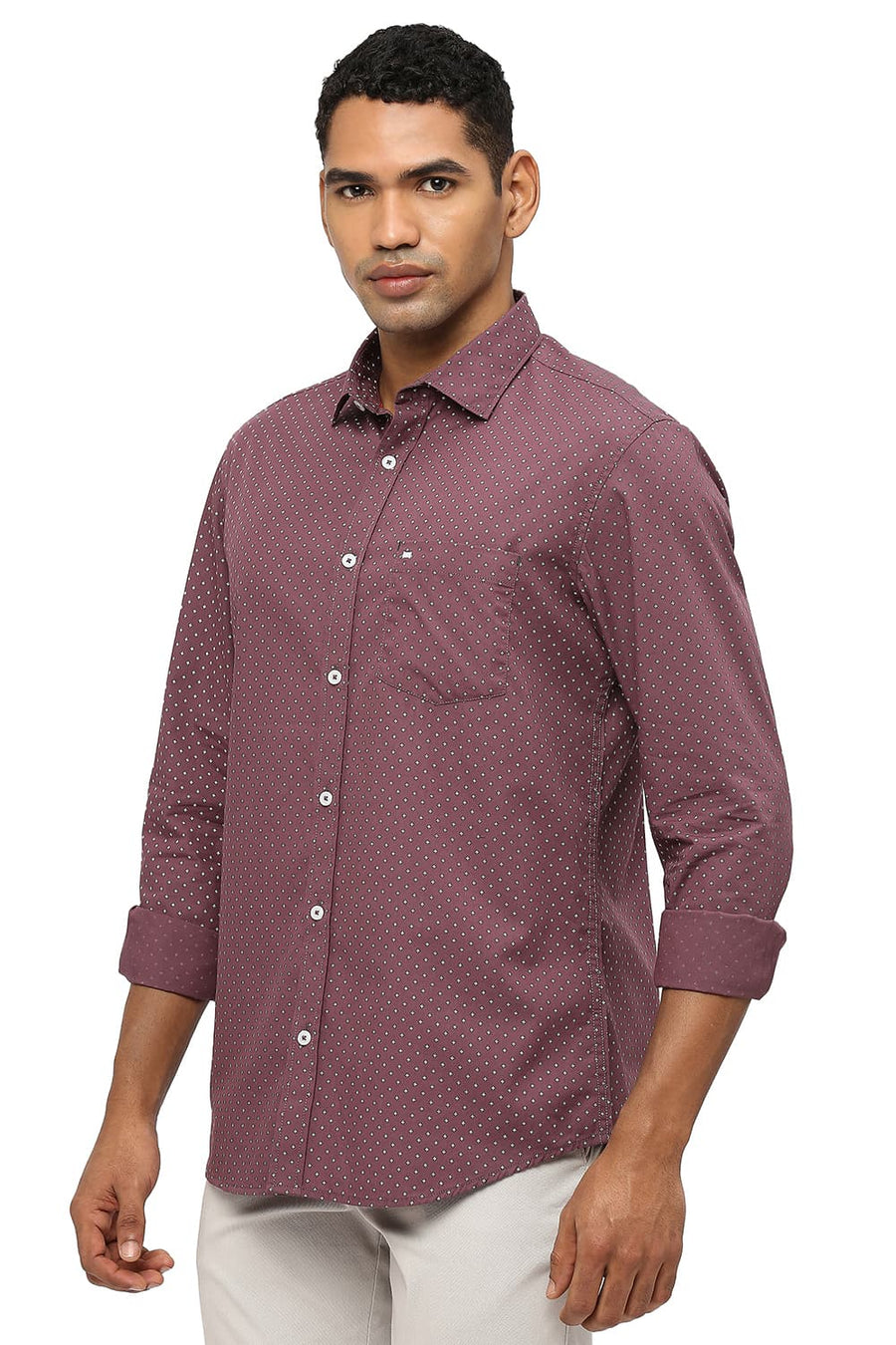 BASICS SLIM FIT GRAPE WINE COTTON POPLIN PRINTED SHIRT