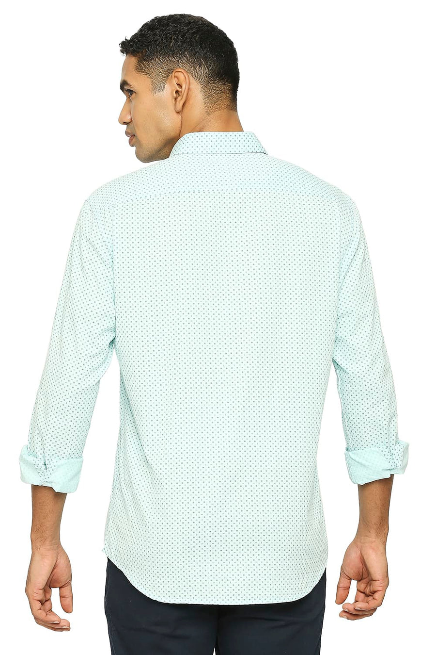 BASICS SLIM FIT AQUA GREEN COTTON TWILL PRINTED SHIRT