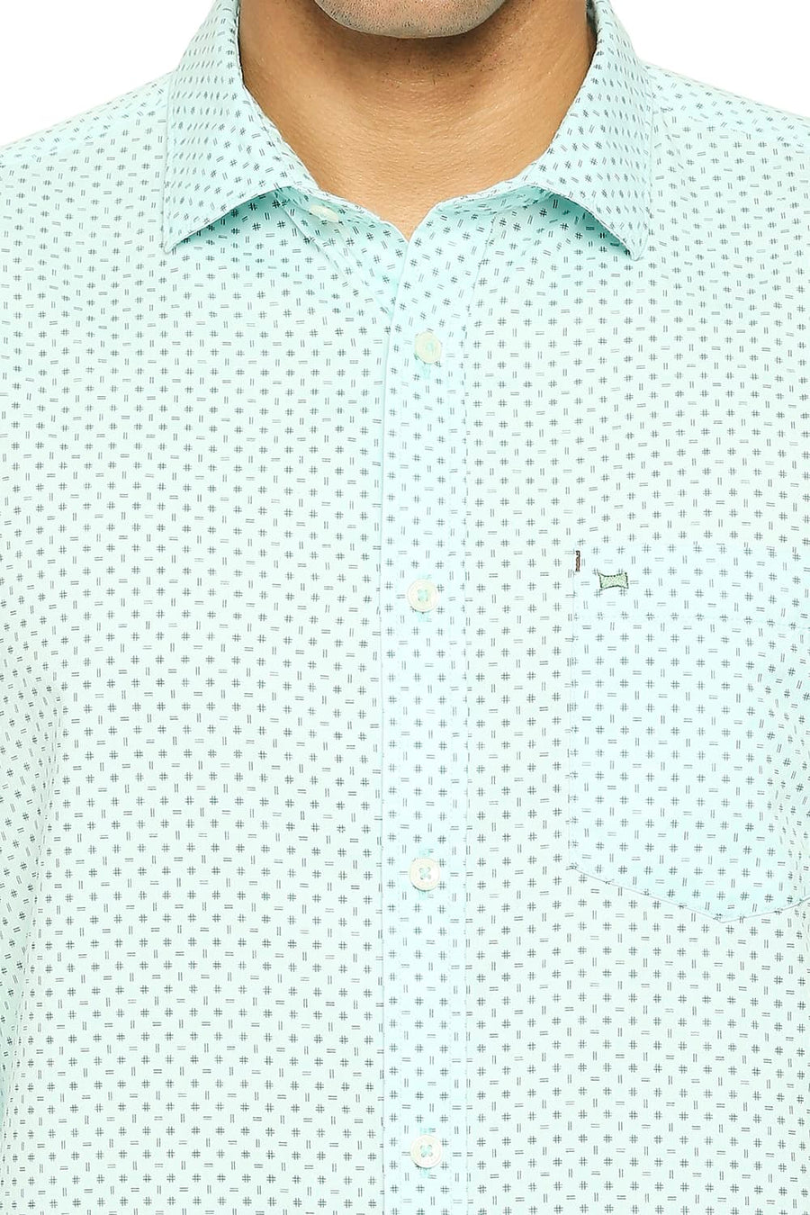 BASICS SLIM FIT AQUA GREEN COTTON TWILL PRINTED SHIRT