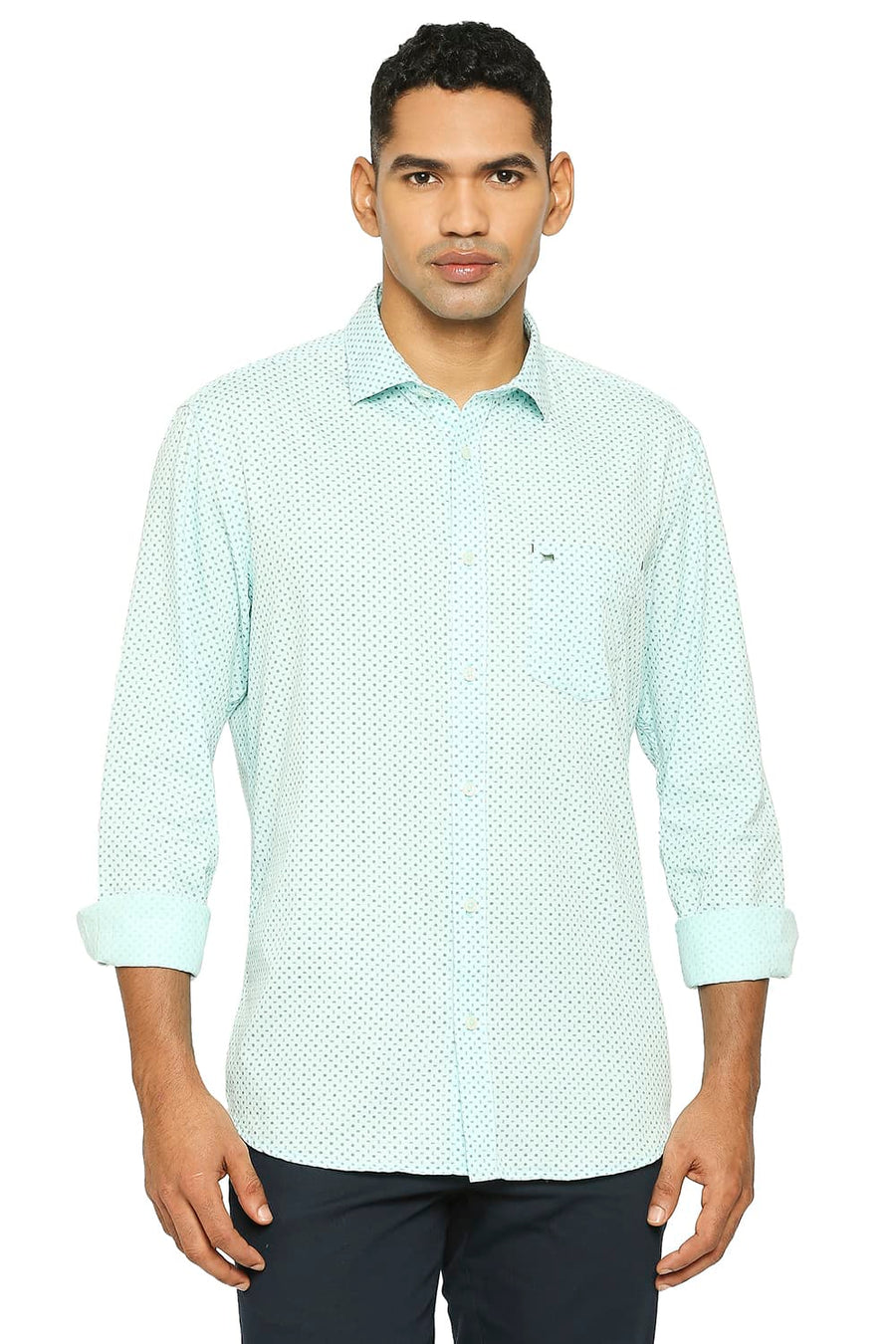 BASICS SLIM FIT AQUA GREEN COTTON TWILL PRINTED SHIRT