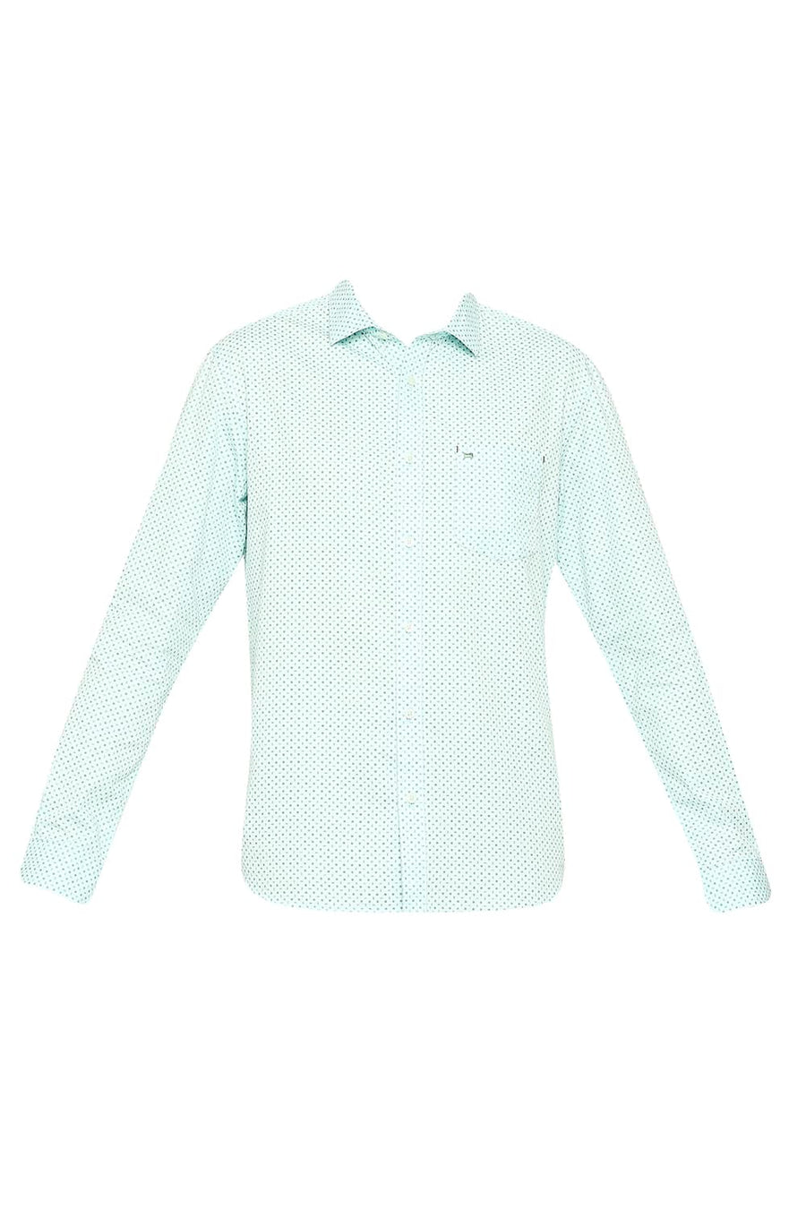 BASICS SLIM FIT AQUA GREEN COTTON TWILL PRINTED SHIRT