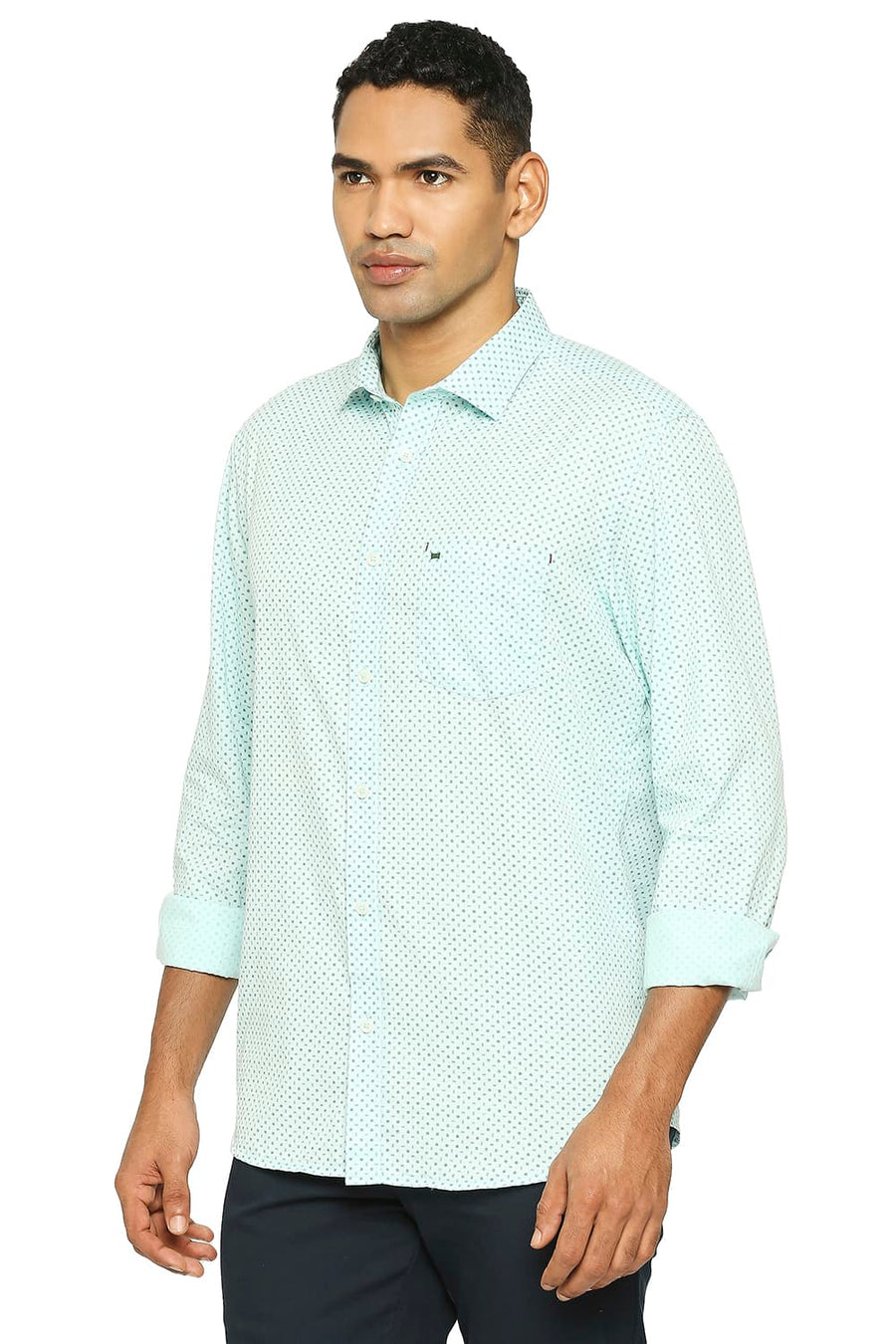 BASICS SLIM FIT AQUA GREEN COTTON TWILL PRINTED SHIRT
