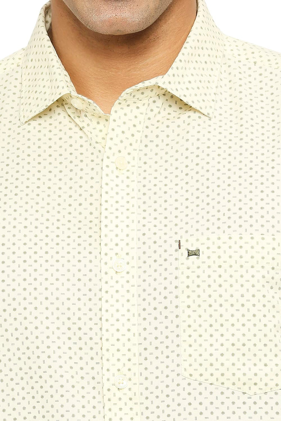 BASICS SLIM FIT PASTEL YELLOW COTTON TWILL PRINTED SHIRT
