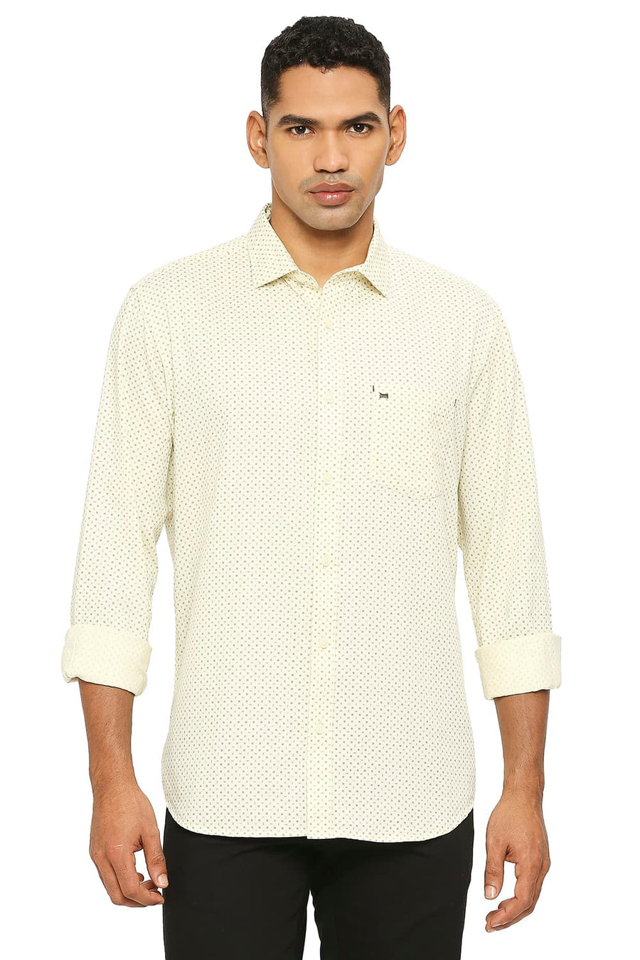 BASICS SLIM FIT PASTEL YELLOW COTTON TWILL PRINTED SHIRT