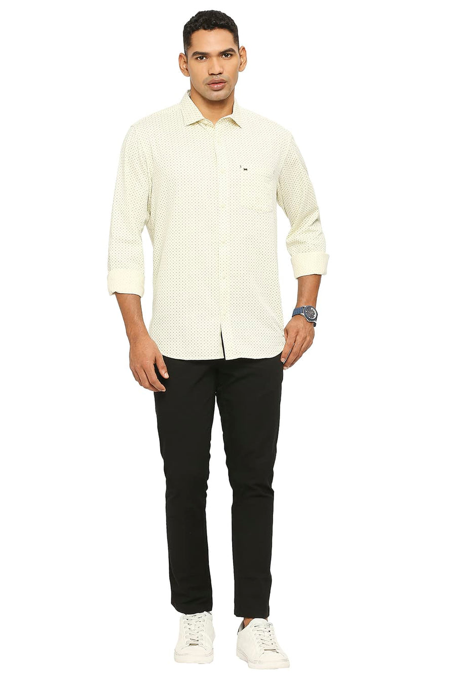 BASICS SLIM FIT PASTEL YELLOW COTTON TWILL PRINTED SHIRT