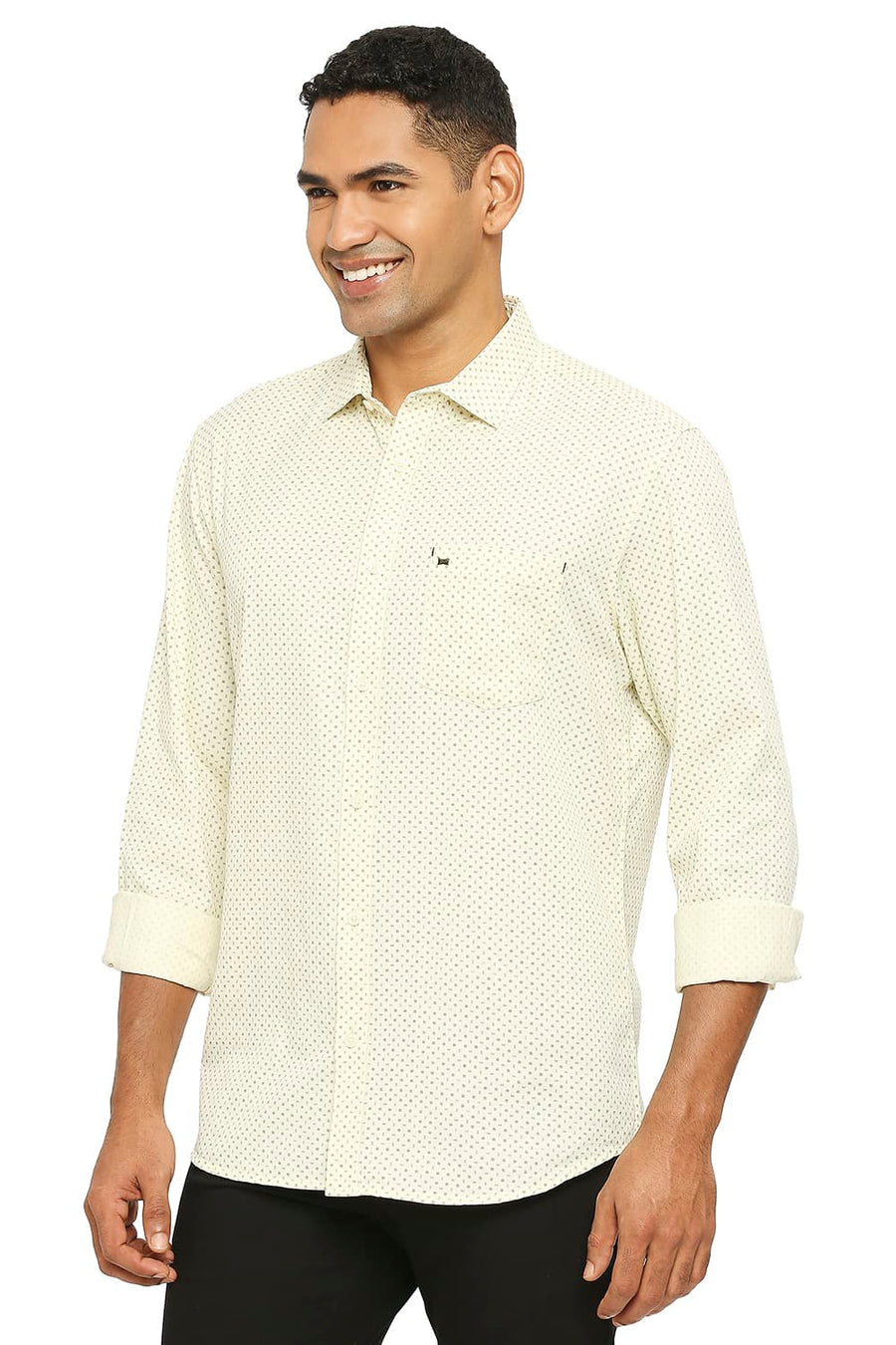 BASICS SLIM FIT PASTEL YELLOW COTTON TWILL PRINTED SHIRT