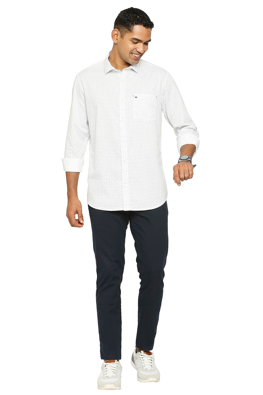 BASICS SLIM FIT CLOUD WHITE COTTON TWILL PRINTED SHIRT