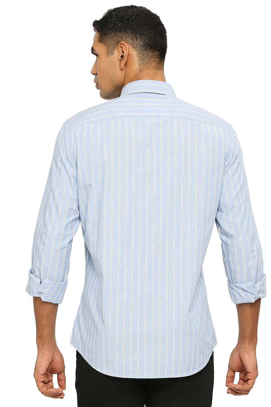 BASICS SLIM FIT AIRY BLUE COTTON FIL A FIL STRIPE SHIRT