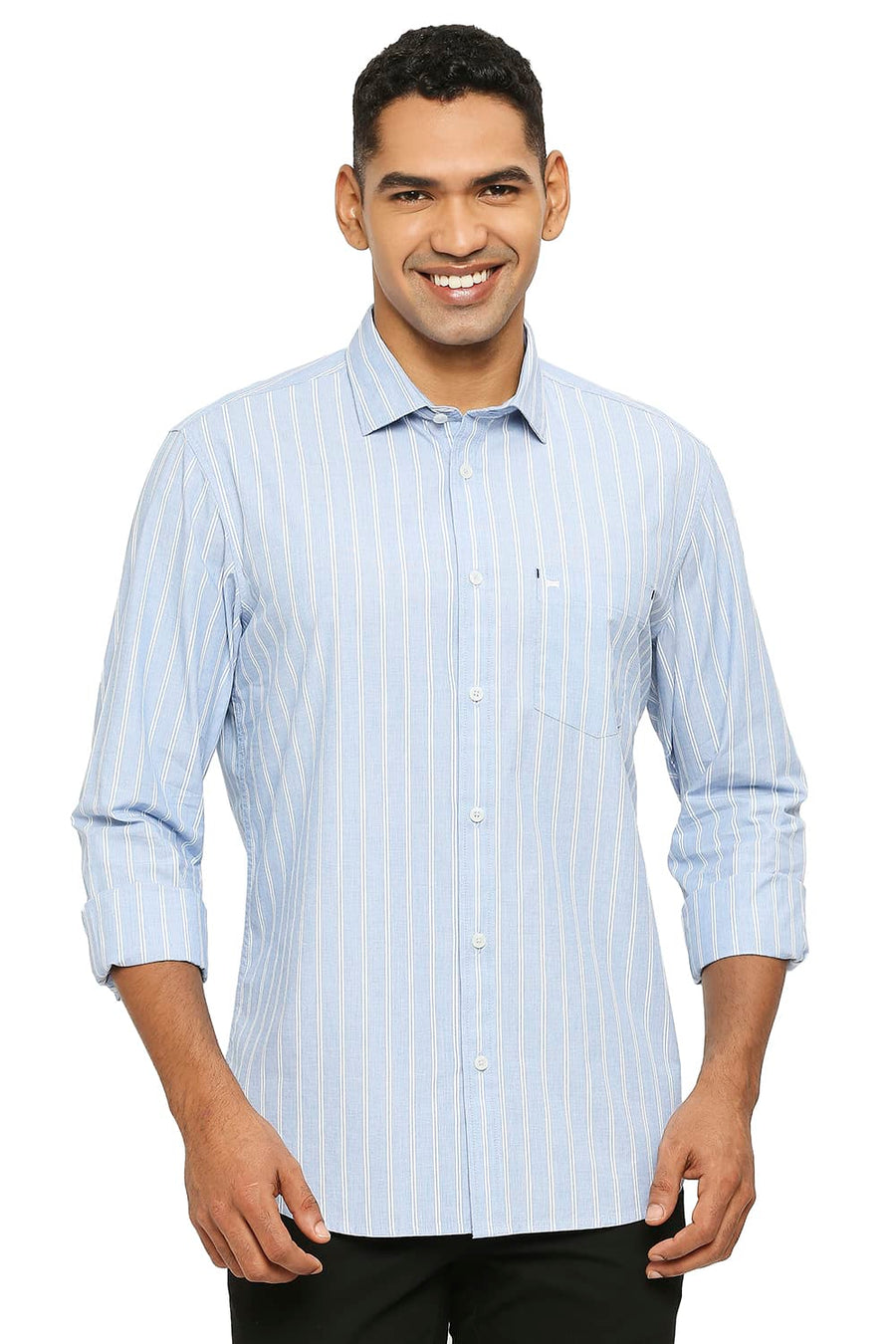BASICS SLIM FIT AIRY BLUE COTTON FIL A FIL STRIPE SHIRT