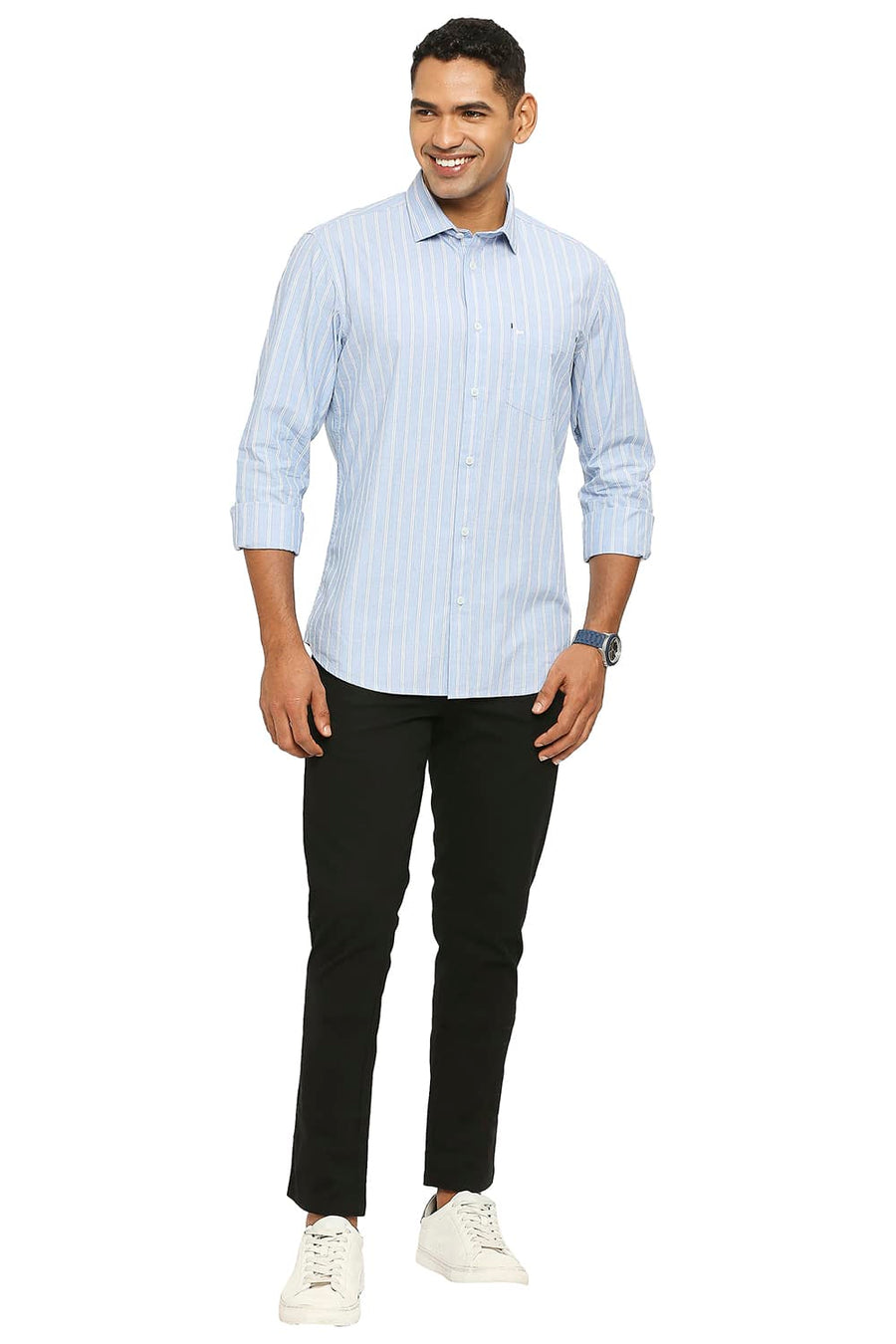 BASICS SLIM FIT AIRY BLUE COTTON FIL A FIL STRIPE SHIRT