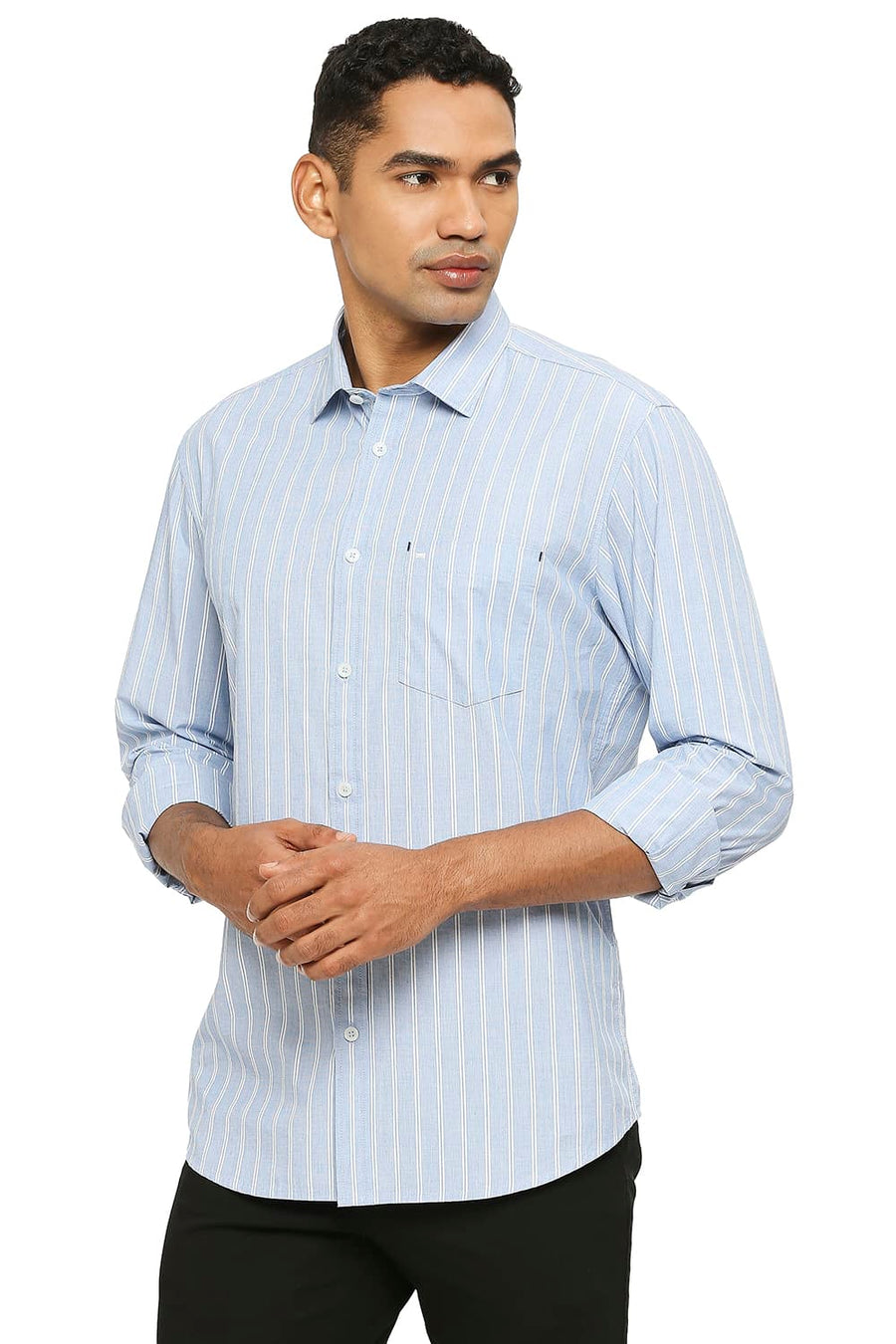 BASICS SLIM FIT AIRY BLUE COTTON FIL A FIL STRIPE SHIRT