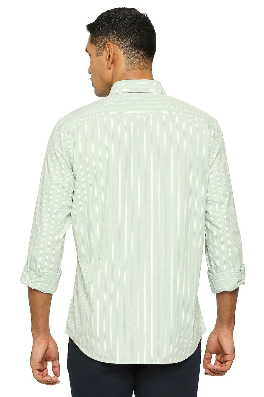 BASICS SLIM FIT BASIL GREEN COTTON FIL A FIL STRIPE SHIRT