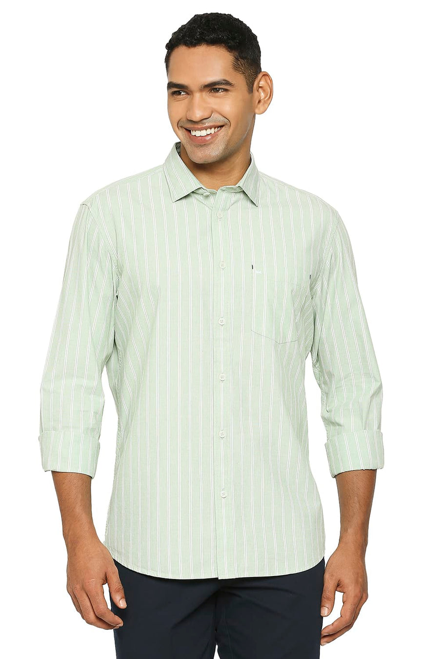 BASICS SLIM FIT BASIL GREEN COTTON FIL A FIL STRIPE SHIRT
