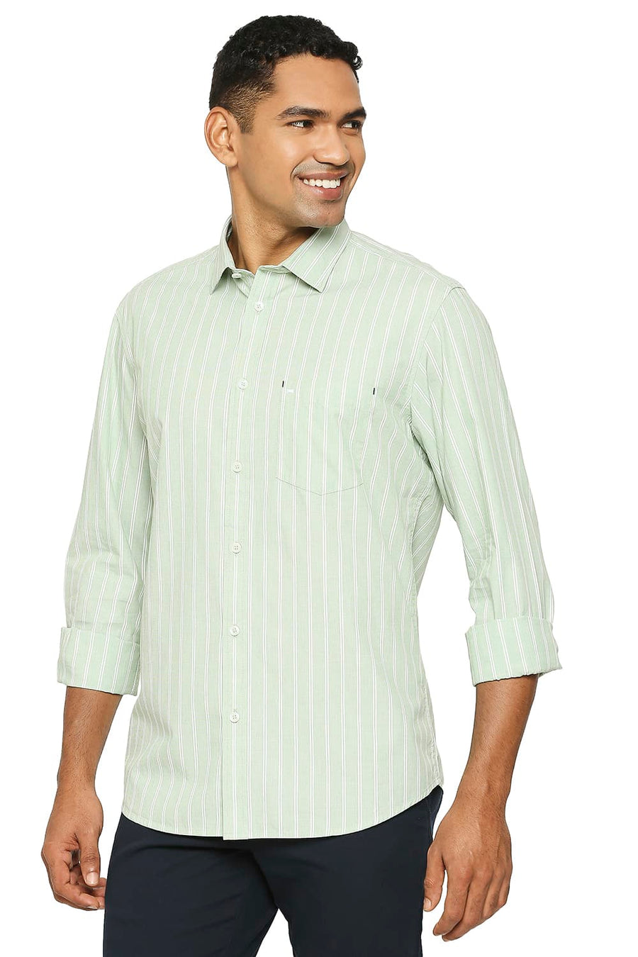 BASICS SLIM FIT BASIL GREEN COTTON FIL A FIL STRIPE SHIRT
