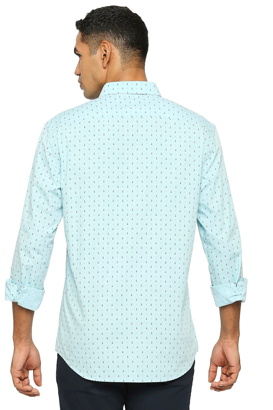 BASICS SLIM FIT AQUATIC BLUE COTTON POPLIN PRINTED SHIRT