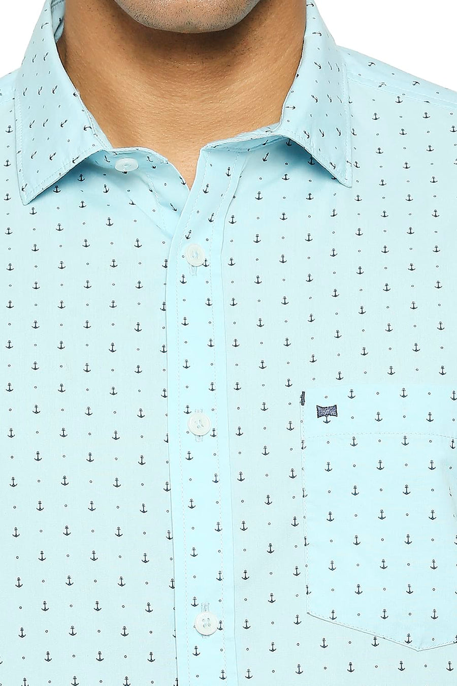 BASICS SLIM FIT AQUATIC BLUE COTTON POPLIN PRINTED SHIRT